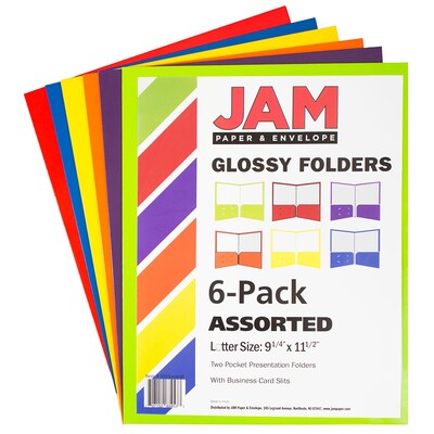 JAM Paper Laminated 2-Pocket Glossy 2-Pocket Cardstock Presentation Folder, Assorted, 6/Pack (385GASSRTD)