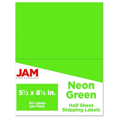 JAM Paper Shipping Labels, Half Page, 5 1/2 x 8 1/2, Neon Green,  2 Labels/Sheet, 25 Sheets/Pack (