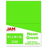 JAM Paper Shipping Labels, Half Page, 5 1/2 x 8 1/2, Neon Green, 50/Pack (359429626)