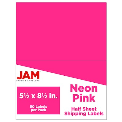 JAM Paper Shipping Labels, Half Page, 5 1/2 x 8 1/2, Neon Pink,  2 Labels/Sheet, 25 Sheets/Pack (3