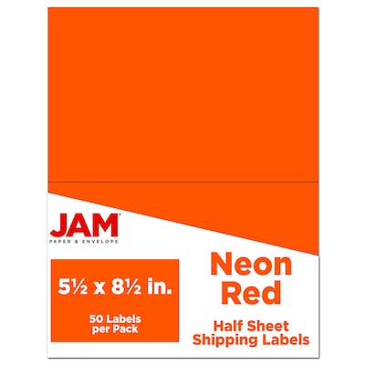 JAM Paper Shipping Labels, Half Page, 5 1/2 x 8 1/2, Neon Red,  2 Labels/Sheet, 25 Sheets/Pack (35