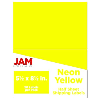 JAM Paper Shipping Labels, Half Page, 5 1/2 x 8 1/2, Neon Yellow,  2 Labels/Sheet, 25 Sheets/Pack