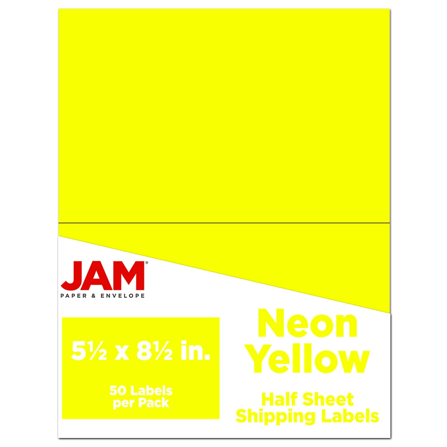 JAM Paper Shipping Labels, Half Page, 5 1/2 x 8 1/2, Neon Yellow,  2 Labels/Sheet, 25 Sheets/Pack (359429627)