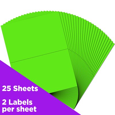 JAM Paper Shipping Labels, Half Page, 5 1/2 x 8 1/2, Neon Green,  2 Labels/Sheet, 25 Sheets/Pack (