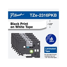 Brother P-touch TZe-231 Laminated Label Maker Tape, 1/2 x 26-2/10, Black on White, 6/Pack (TZe-231