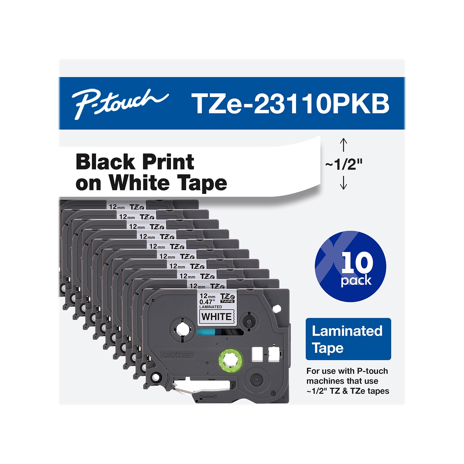 Brother P-touch TZe-231 Laminated Label Maker Tape, 1/2 x 26-2/10, Black on White, 10/Pack (TZe-23110PKB)