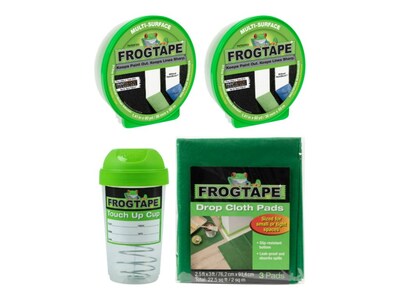 FrogTape 1.41 x 60 yds. 2 Multi-Surface Painter Tapes with Touch Up Storage Cup and 3 Drop Cloths, Green (FROGPACKG-STP)