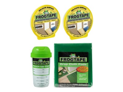 FrogTape 0.94 x 60 yds. 2 Delicate Surface Painter Tapes, Touch Up Storage Cup and 3 Drop Cloths, Green/Yellow