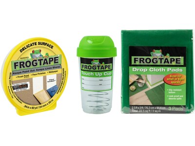 FrogTape 0.94 x 60 yds. Delicate Surface Painter Tape, Touch Up Storage Cup and 3 Drop Cloths, Green/Yellow (FROGPACKC-STP)