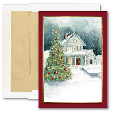 JAM PAPER Blank Christmas Cards & Matching Envelopes Set, Front Imprint House Scene, 25/Pack (693518