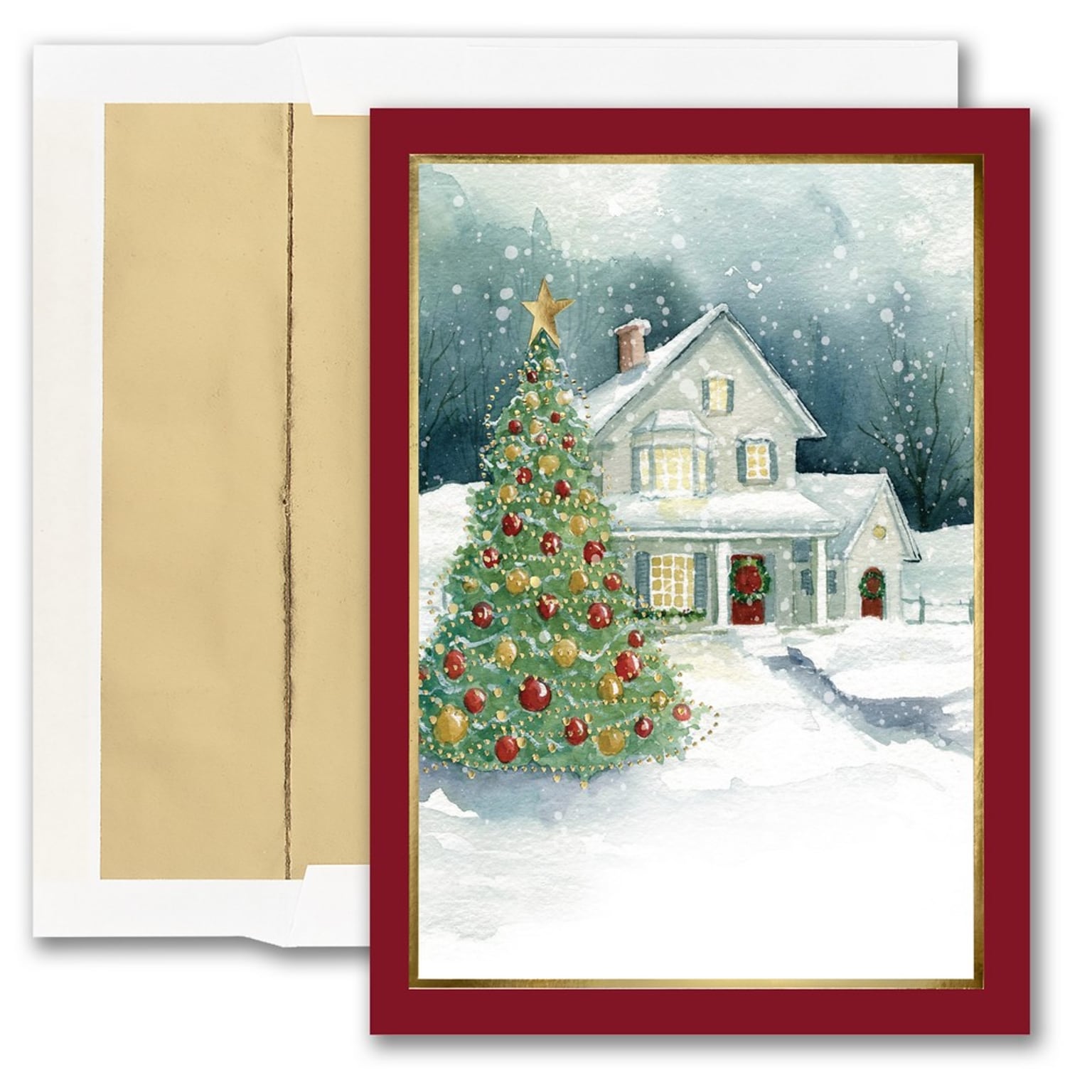 JAM PAPER Blank Christmas Cards & Matching Envelopes Set, Front Imprint House Scene, 25/Pack (6935187)