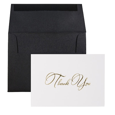 JAM PAPER Thank You Card Sets, White Care with Gold Script & Black Linen Envelopes, 25 Cards and Env