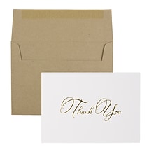 JAM PAPER Thank You Card Sets, White Care with Gold Script & Kraft Envelopes, 25 Cards and Envelopes
