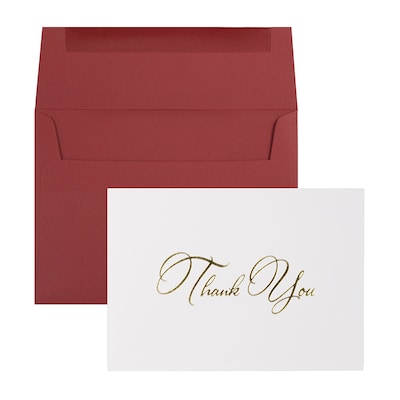 JAM PAPER Thank You Card Sets, White Care with Gold Script & Dark Red Envelopes, 25 Cards and Envelo