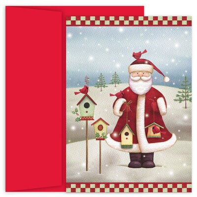 JAM PAPER Christmas Cards & Matching Envelopes Set, Santas Birdhouses, 18/Pack (18034291A)