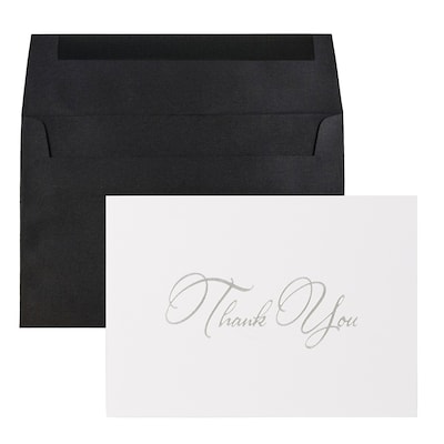JAM PAPER Thank You Card Sets, Silver Script Cards with Black Linen Envelopes, 25 Cards and Envelope