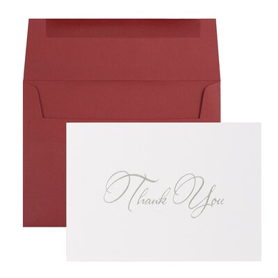 JAM PAPER Thank You Card Sets, Silver Script Cards with Dark Red Envelopes, 25 Cards and Envelopes (175989I)