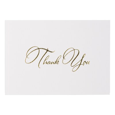 JAM PAPER Thank You Card Sets, White Care with Gold Script & Black Linen Envelopes, 25 Cards and Env