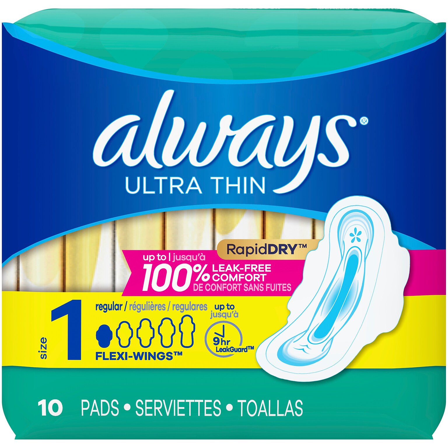 Always Ultra Thin Size 1 Regular Pads With Wings, Unscented, 10/Pack (34966)