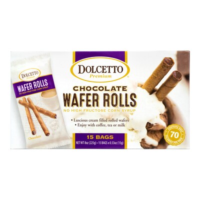 Dolcetto Premium Chocolate Wafer Rolls 70-Calorie Bag, 0.53 oz., 15 Count, 2/Pack (209-02649)