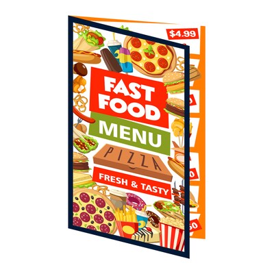 Custom Heavy Duty Full Color Menus, 12 mil. Sanitizable Synthetic Stock, 12 x 18 Half-Fold, 2-side