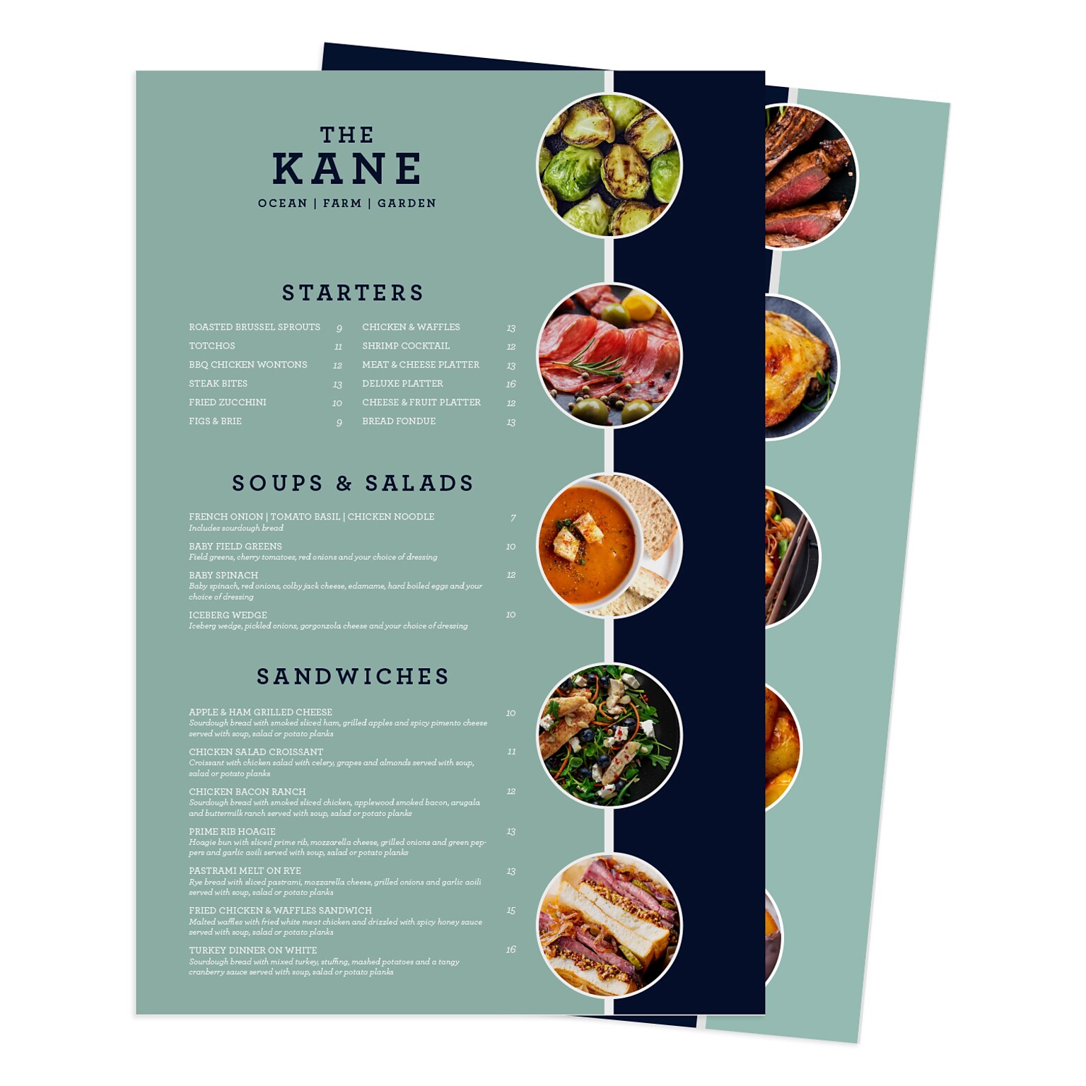 Custom Full Color Menus, 6 mil. Sanitizable Synthetic Stock, 12 x 18 Flat, 2-sided