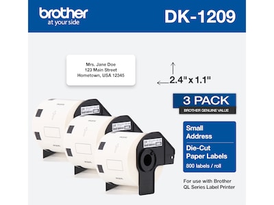 Brother DK-1209 Small Address Paper Labels, 2-4/10" x 1-1/10", Black on White, 800 Labels/Roll, 3 Rolls/Box (DK-12093PK)