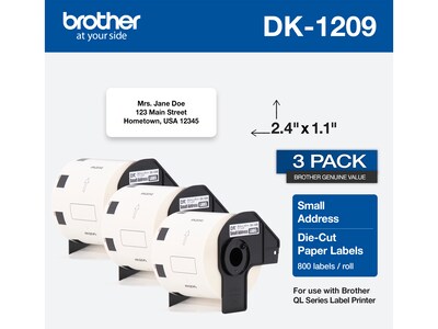 Brother DK-1209 Small Address Paper Labels, 2-4/10" x 1-1/10", Black on White, 800 Labels/Roll, 3 Rolls/Box (DK-12093PK)