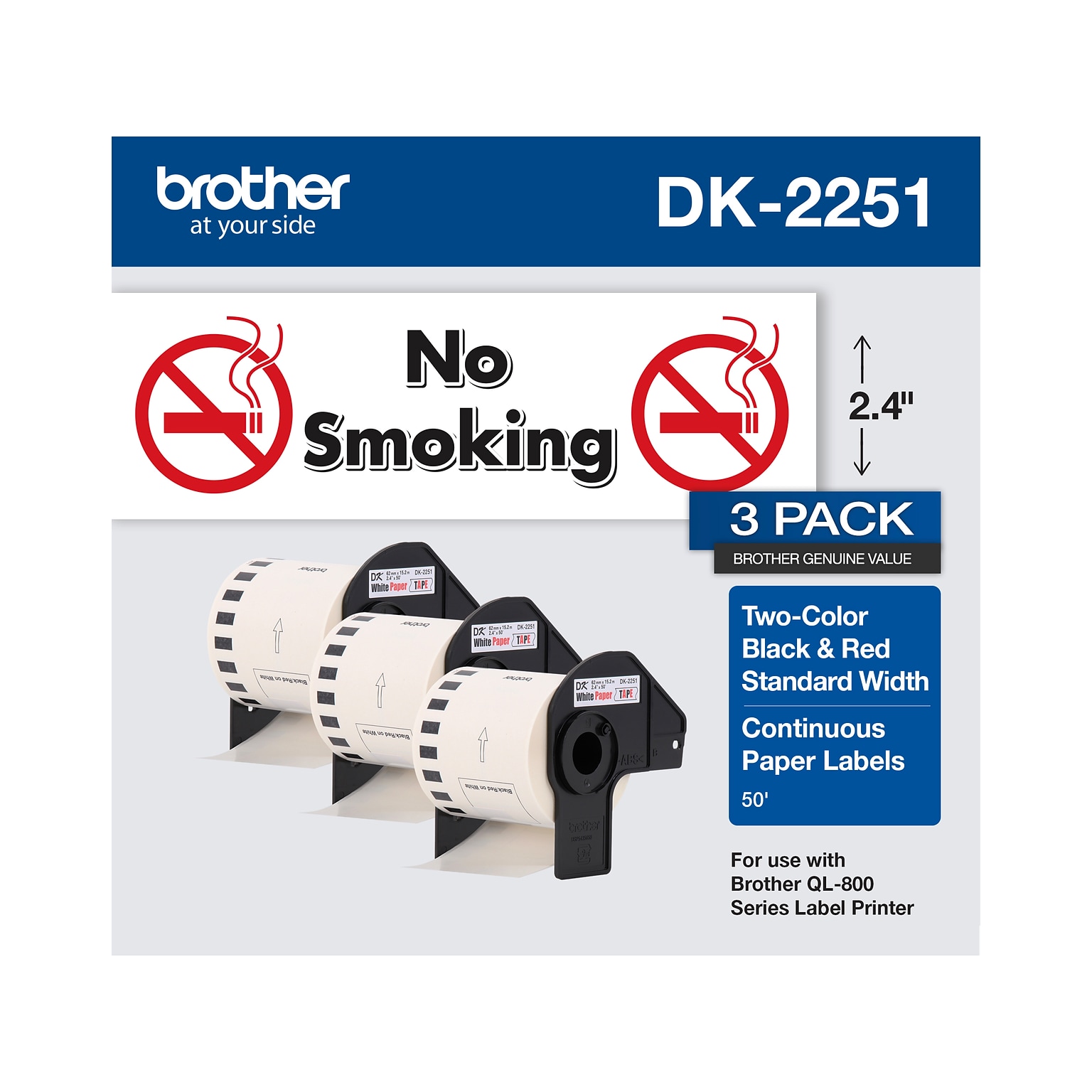 Brother DK-2251 Standard Width Continuous Paper Labels, 2-4/10 x 50, Black/Red on White, 3 Rolls/Box (DK-22513PK)