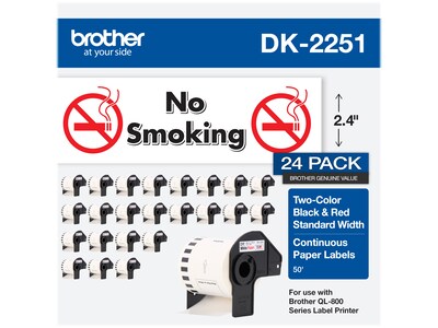 Brother DK-2251 Standard Width Continuous Paper Labels, 2-4/10 x 50, Black/Red on White, 24 Rolls/Box (DK-225124PK)