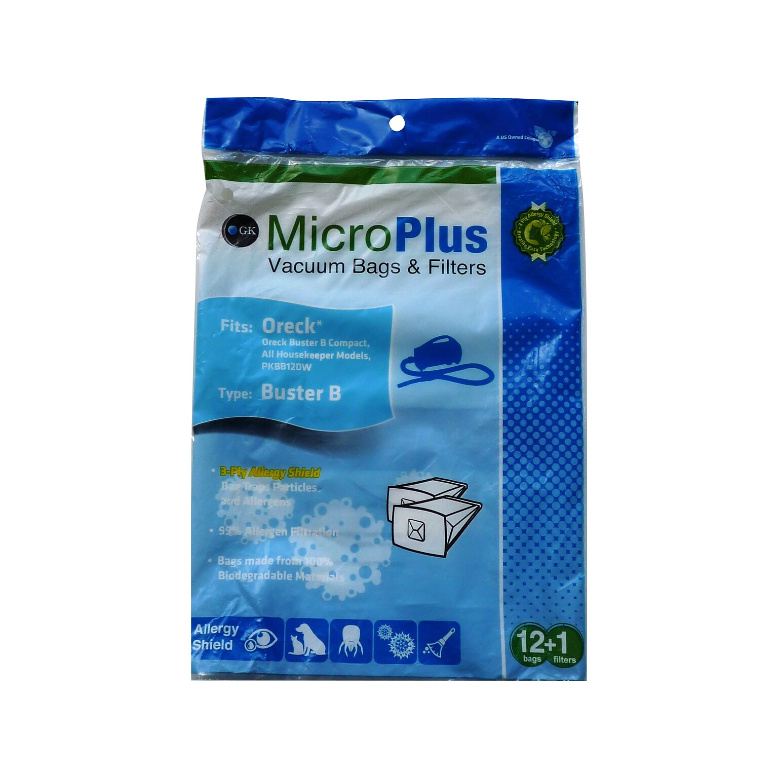 Green Klean Micro-Plus Vacuum Bag, Blue, 12/Pack (GKH-Ork Buster B-P)