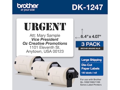 Brother DK-1247 Large Shipping Paper Labels, 6-4/10 x 4-7/100, Black on White, 180 Labels/Roll, 3