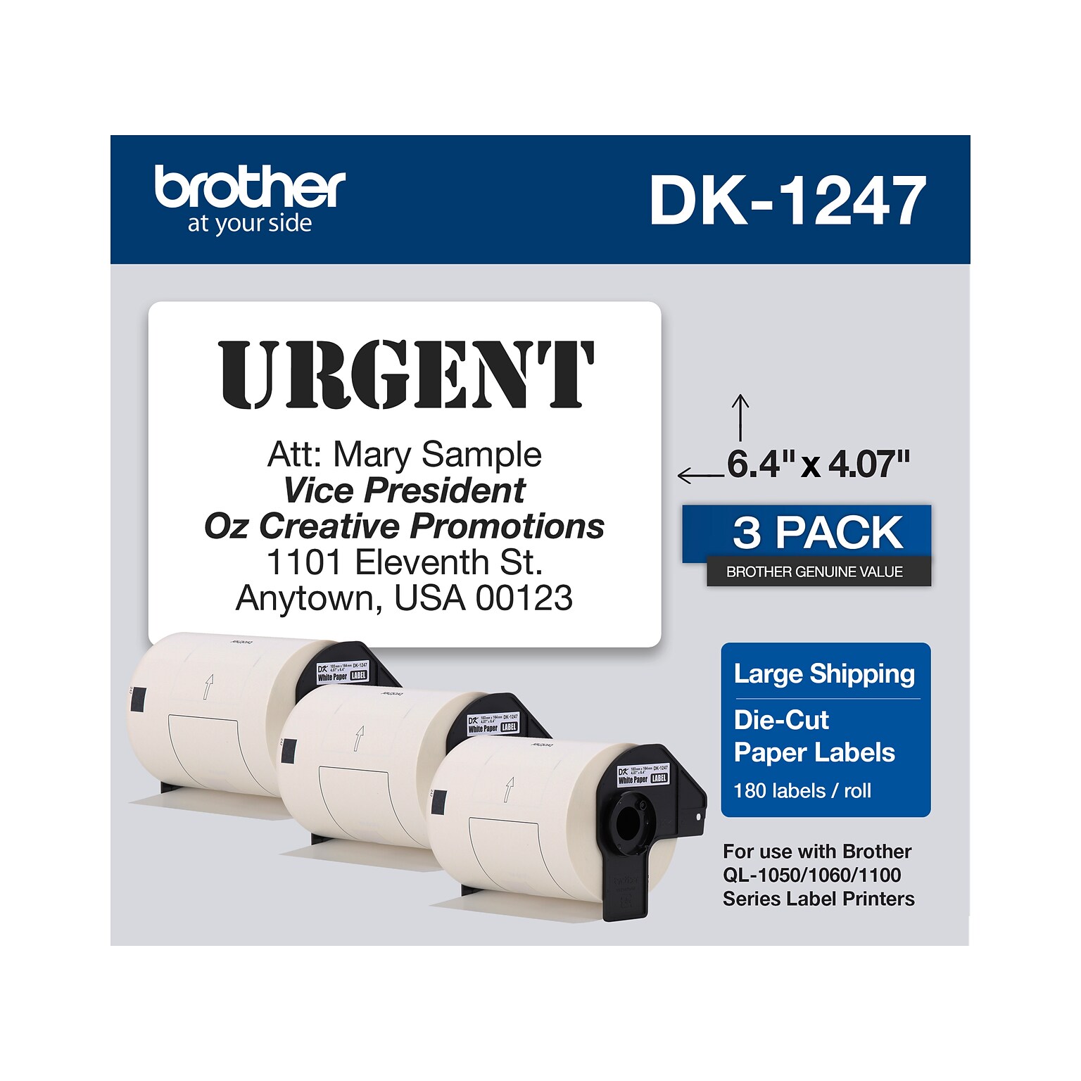 Brother DK-1247 Large Shipping Paper Labels, 6-4/10 x 4-7/100, Black on White, 180 Labels/Roll, 3 Rolls/Box (DK-12473PK)