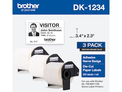 Brother DK-1234 Adhesive Name Badge Paper Labels, 3-4/10 x 2-3/10, Black on White, 260 Labels/Roll