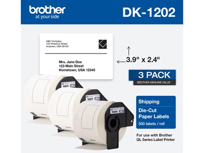 Brother DK-1202 Label Printer Labels, 2.4" x 3.9", White, Labels/Roll, 3 Rolls/Box (DK-12023PK)