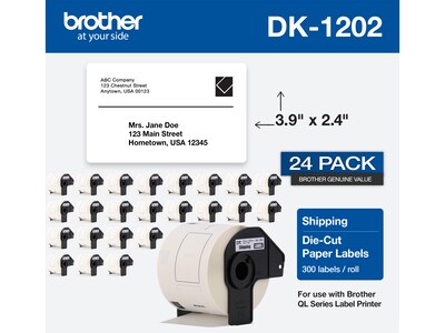 Brother DK-1202 Shipping Paper Labels, 3-9/10" x 2-4/10", Black on White, 300 Labels/Roll, 24 Rolls/Pack (DK-120224PK)
