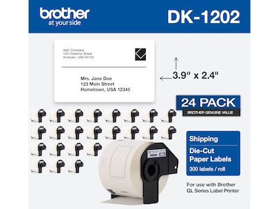 Brother DK-1202 Shipping Paper Labels, 3-9/10 x 2-4/10, Black on White, 300 Labels/Roll, 24 Rolls/