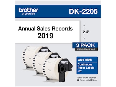 Brother DK-2205 Wide Width Continuous Paper Labels, 2-4/10 x 100, Black on White, 3 Rolls/Box (DK-