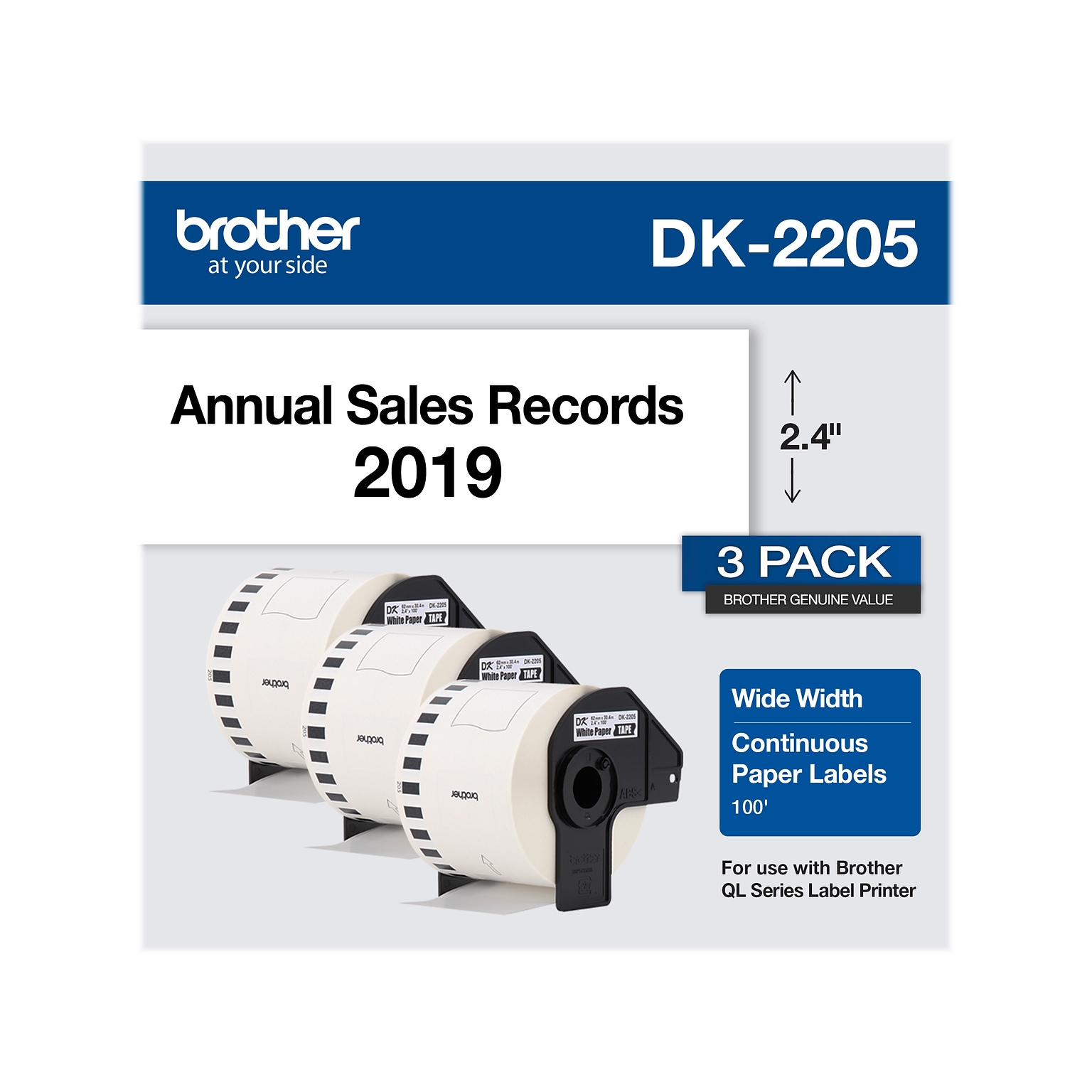 Brother DK-2205 Wide Width Continuous Paper Labels, 2-4/10 x 100, Black on White, 3 Rolls/Box (DK-22053PK)