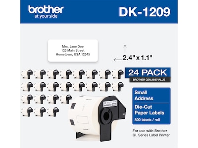 Brother DK-1209 Small Address Paper Labels, 2-4/10 x 1-1/10, Black on White, 800 Labels/Roll, 24 R