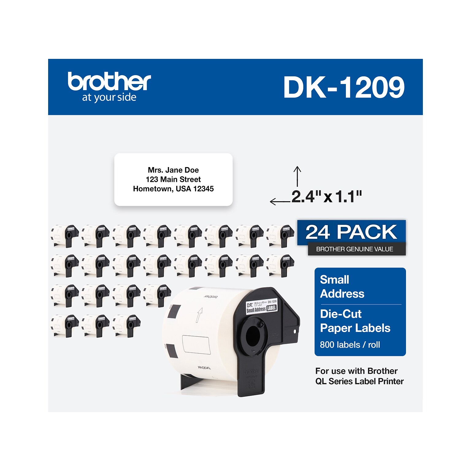 Brother DK-1209 Small Address Paper Labels, 2-4/10 x 1-1/10, Black on White, 800 Labels/Roll, 24 Rolls/Pack (DK-120924PK)