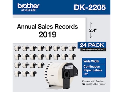Brother DK-2205 Wide Width Continuous Paper Labels, 2-4/10 x 100, Black on White, 24 Rolls/Box (DK