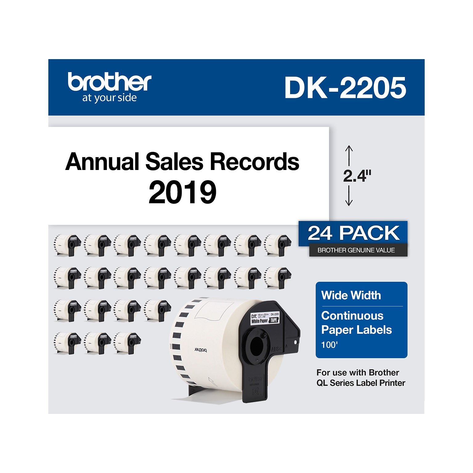 Brother DK-2205 Wide Width Continuous Paper Labels, 2-4/10 x 100, Black on White, 24 Rolls/Box (DK-220524PK)